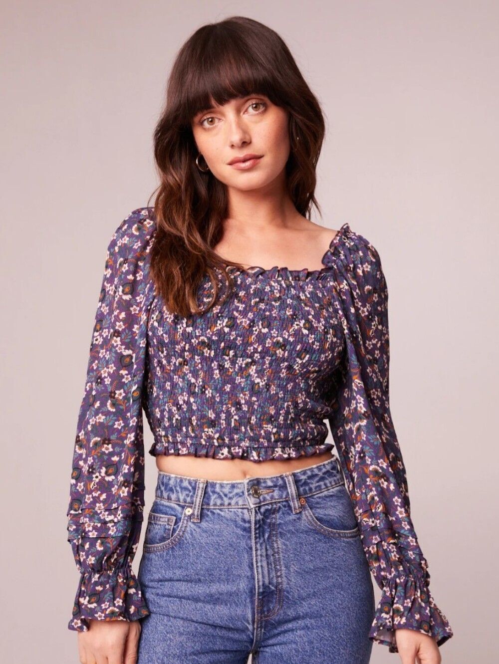 Band Of The Free Agathe Purple Floral Smocked Top Size XS NWT
